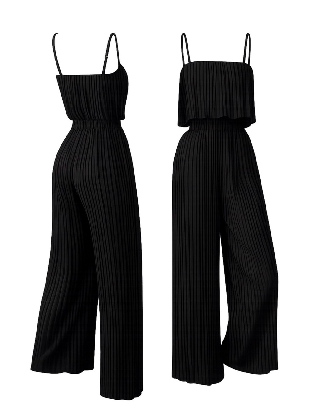 Black Pleated Spaghetti Strap Jumpsuit Womens Medium Polyester/Spandex